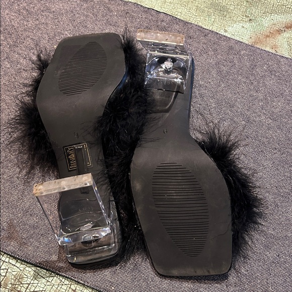 Azalea Wang Black Feather Slide Heels Clear Block Heel Sandals Size 9 - Picture 5 of 5
